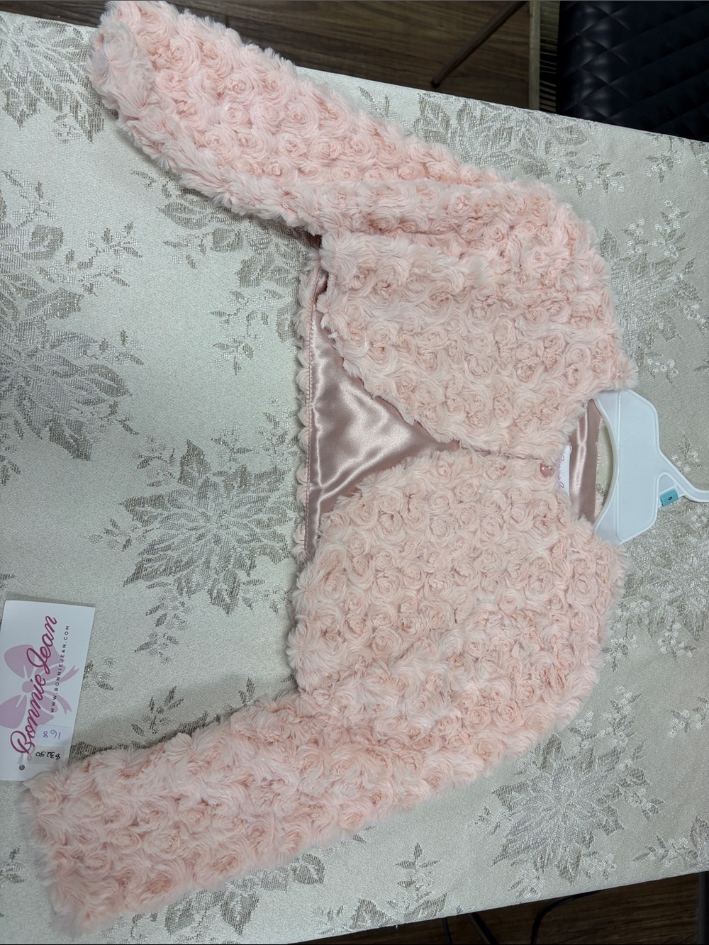 Bonnie Jean Pale Pink Rose-Pattern Faux Fur Bolero Jacket